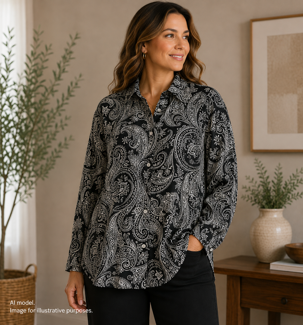 Chaps Shirt Womens 2X Black White Paisley Floral Cotton Collared Button Career